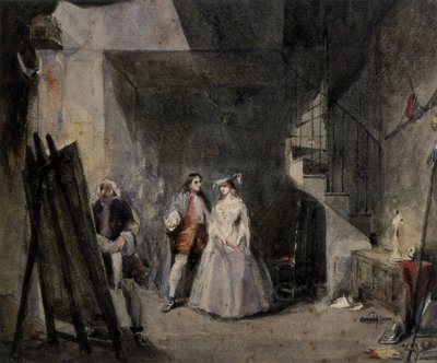 Interieur van een kunstenaarsatelier met figuren in 18e-eeuwse kostuums door George attr. to Cattermole
